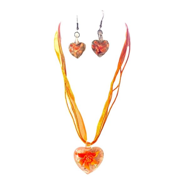 Unbranded Jewelry - Glass Pendant Bursting Flower Necklace Dangle Earring Set